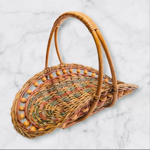 Vintage Woven Wicker Bamboo Beaded Flower Herb Gathering Basket w Handle 11X15X9 - Picture 5 of 11